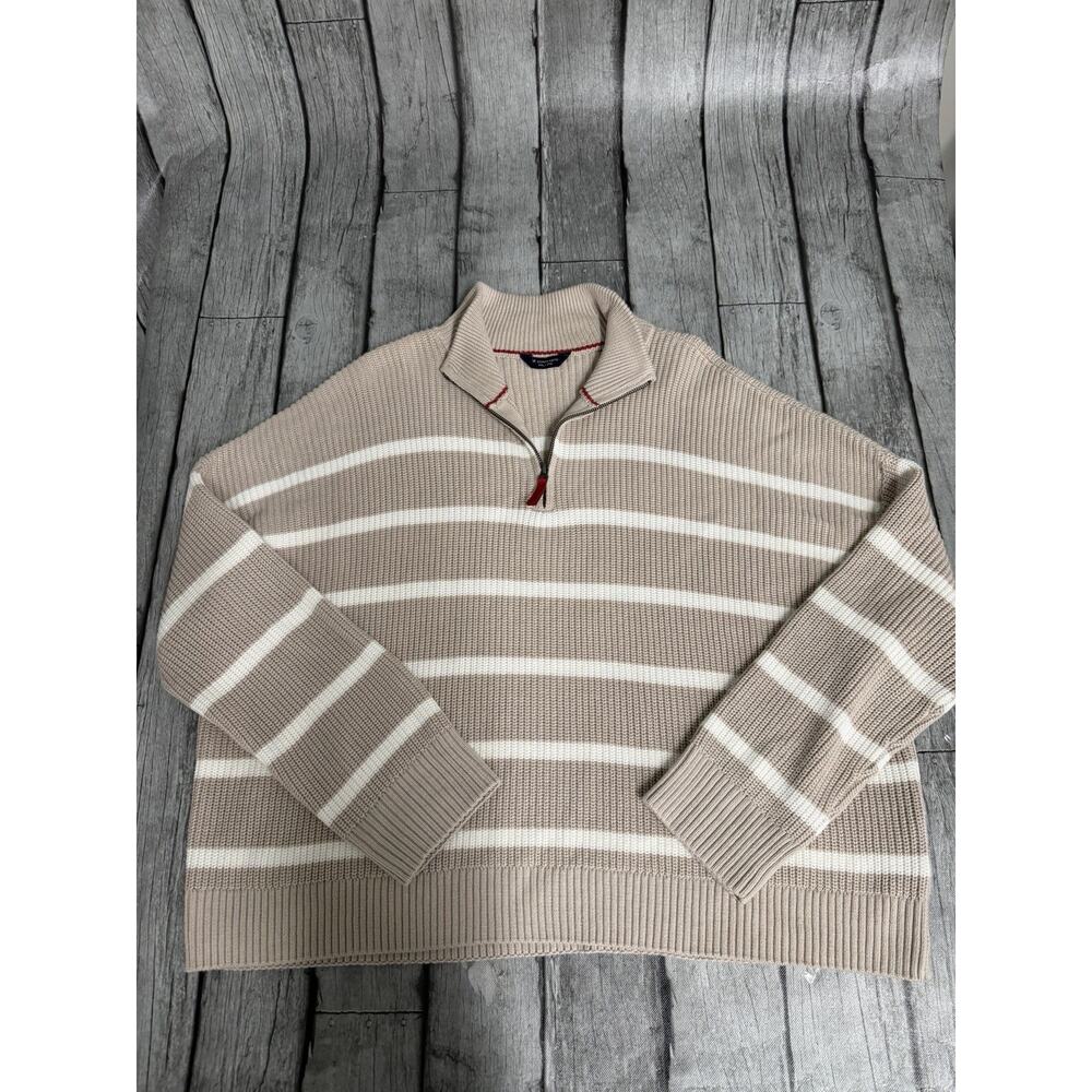 Women’s Denver Hayes 1/4 Zip Sweater Drop Shoulder Oatmeal Ivory Stripe XXL 2X